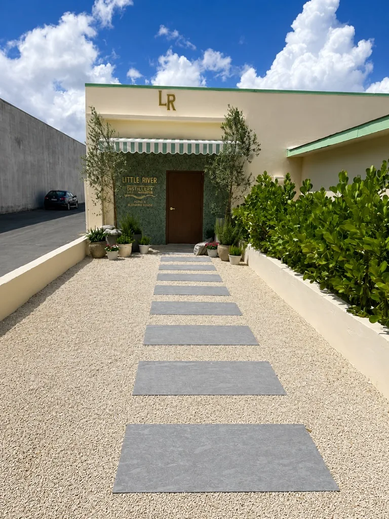 Little River Distillery's Miami entrance, with LR signage and a stone garden path