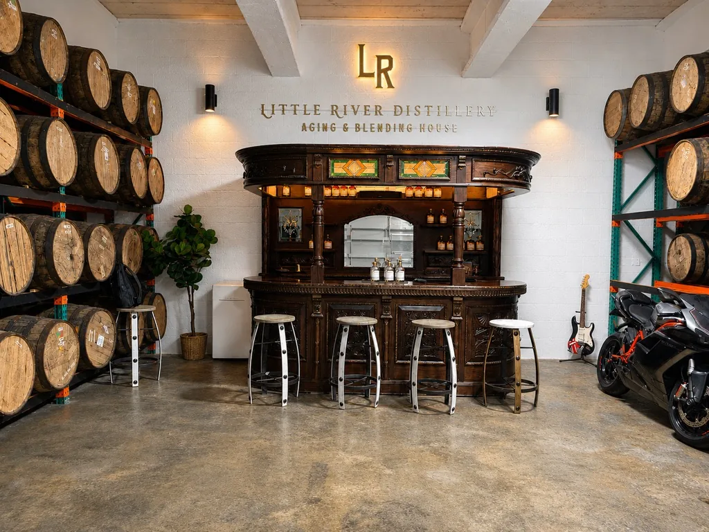 The bar at Little River Distillery's aging and blending house, Miami
