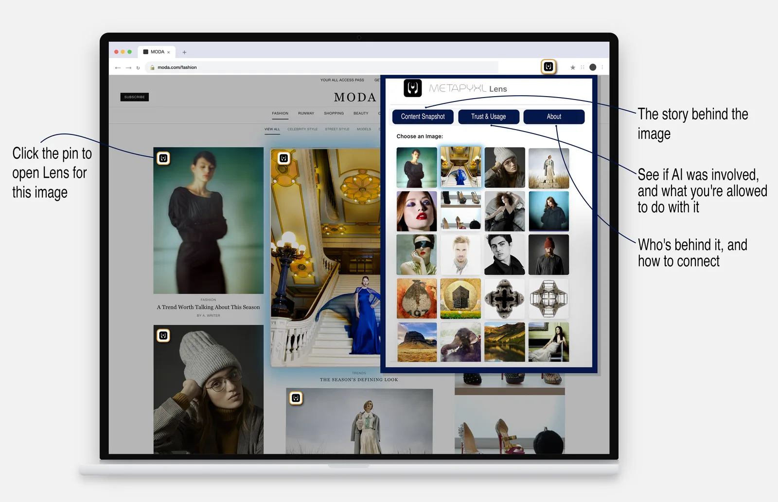 The Metapyxl Lens browser panel open over a fashion website, showing content snapshot, trust and usage, and about tabs