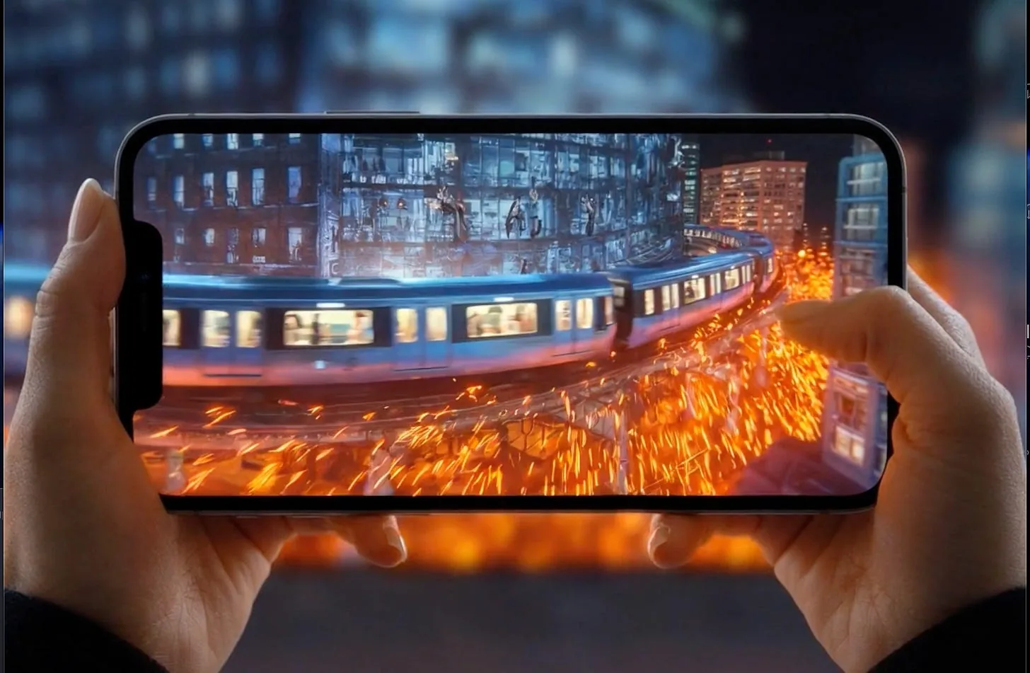 A smartphone held up to a city street, its screen showing an immersive augmented-reality scene of a train and sparks